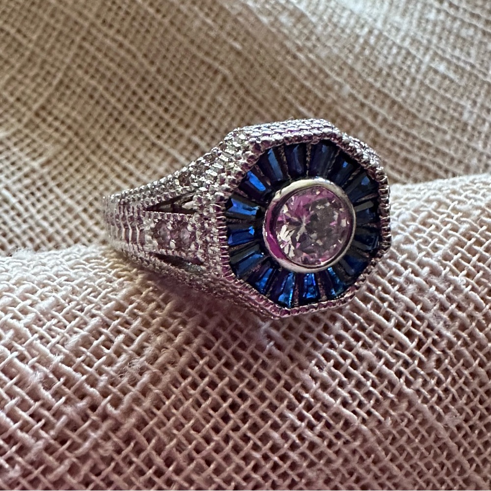 Art Deco Style Sterling Silver and Blue Gemstone Engagement Ring